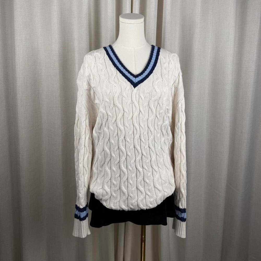 American Eagle Womens Cable Knit V-Neck Sweater Cream Blue Striped Preppy Medium
